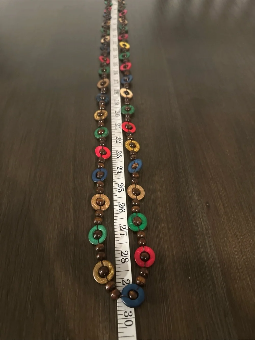 Vintage Bohemian Long Multi-Color Wood & Coconut Shell Disc Strand Neckla